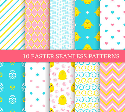 Ten different Easter seamless patterns. Endless texture for wallpaper, fill, web page background, texture. Colorful cute background with Easter chicks, lines and ornate eggs.