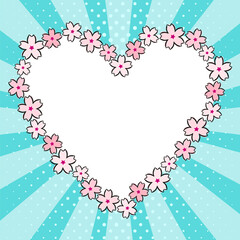 Spring bright heart frame made from hand-drawn sakura flowers. Blue Template for Spring, love, blossom. Japan, photo album, greeting card. Vector illustration in pop art style.