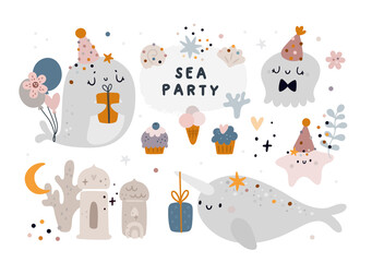 Sea animals isolated on white: whale, narwal, jellyfish, sea star. Happy birthday vector cartoon clipart with festive design elements. Baby shower hand drawn illustration for kids. Under water world © happydesign