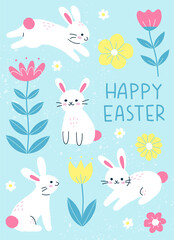 Obraz na płótnie Canvas Vector illustration of Easter bunnies hopping around flowers. Cute card, banner or poster design template for the spring holiday. Easter concept in modern cartoon style.
