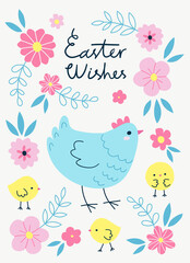Easter vector illustration of mother hen and her chickens surrounded by flowers. Cute card, poster or banner design for the spring holiday. Easter concept in colorful trendy style.