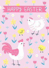 Happy Easter! Vector illustration of cute hen, rooster and chickens in a flower field. Colorful card, banner or poster design for the Easter holiday. Trendy cartoon style.