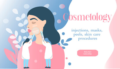 vector illustration on the theme of cosmetology, skin care, dermatology. two doctors inject girl, examine her skin. the inscription "cosmetology". banner for site. flat illustration for magazines, app