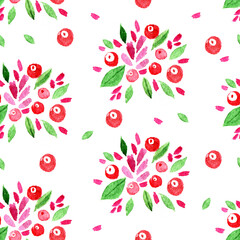 Seamless texture with a pattern of a berry, cranberry with leaves on white background, watercolor illustration
