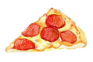 Slice of pizza Pepperoni on white background, watercolor illustration  - 418166426