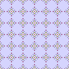 Vector seamless pattern, curly decorative elements from colored squares on a periwinkle background.