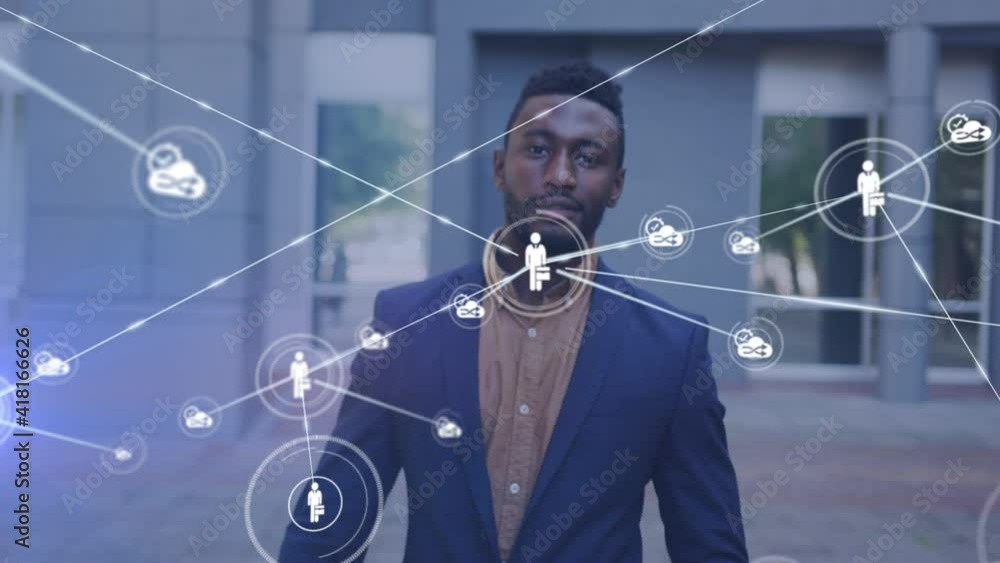 Poster animation of network of connected icons with businessman walking in street smiling