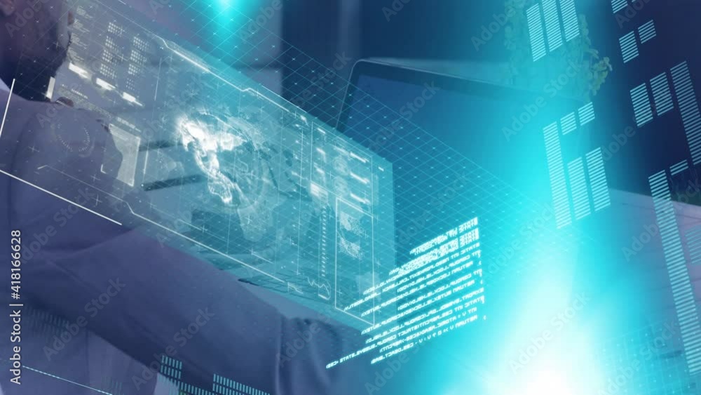Poster animation of interface showing globe and information with businessman working on laptop computer