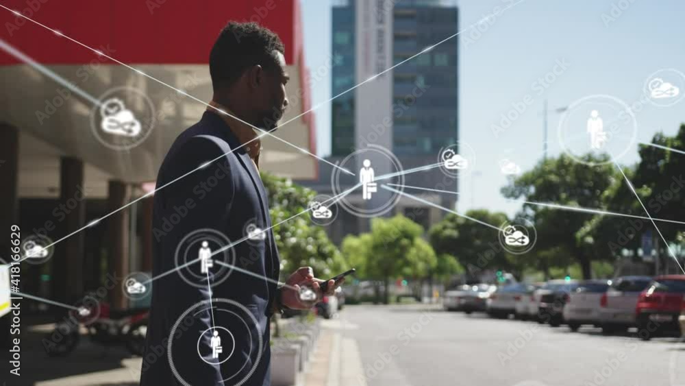 Poster animation of network of connected icons with businessman using smartphone walking in street