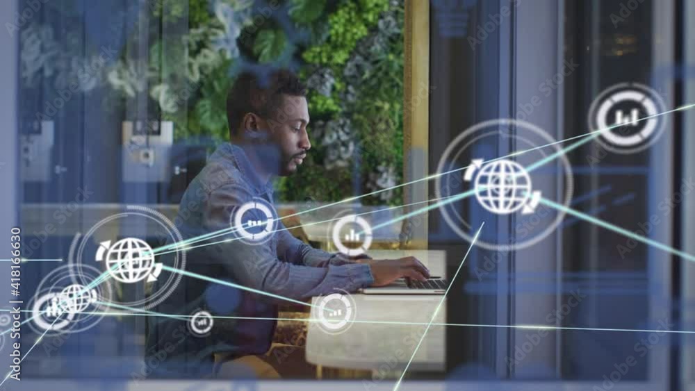 Poster animation of network of connected icons with businessman at desk using laptop