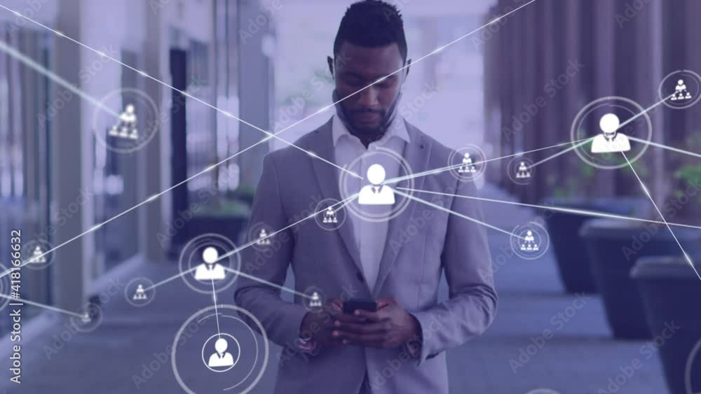 Poster animation of network of connected icons with businessman using smartphone walking in street