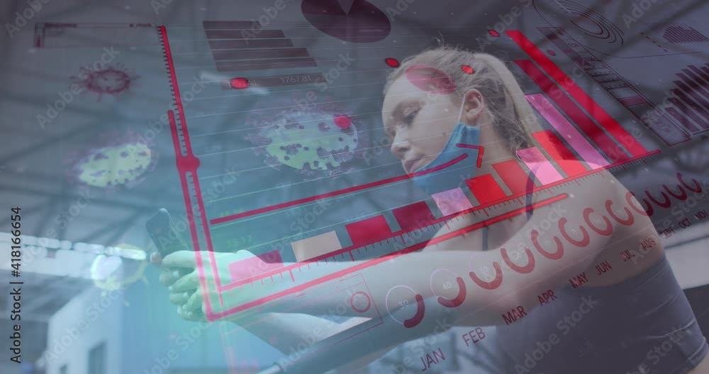 Poster animation of covid-19 cells floating with statistics and graphs with woman using smartphone
