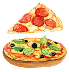 Pizza and slice of pizza on white background, watercolor illustration