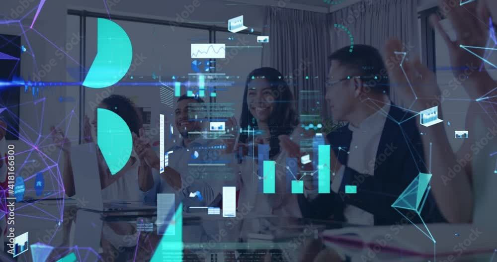 Aufkleber animation of interface showing statistics and information with business people clapping at a meeting