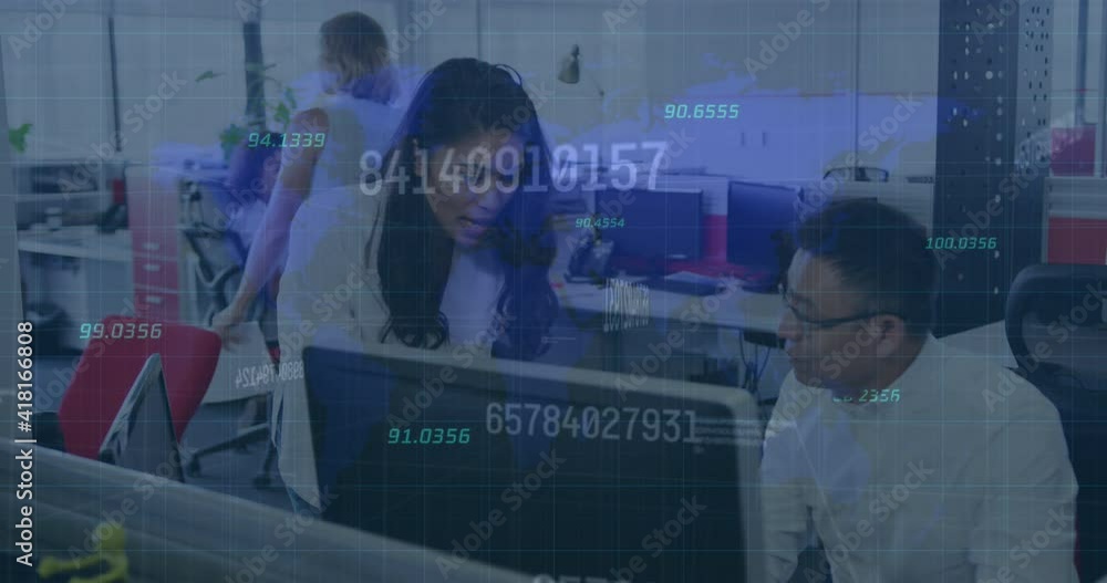 Poster Animation of interface with moving numbers and information with business people working in office