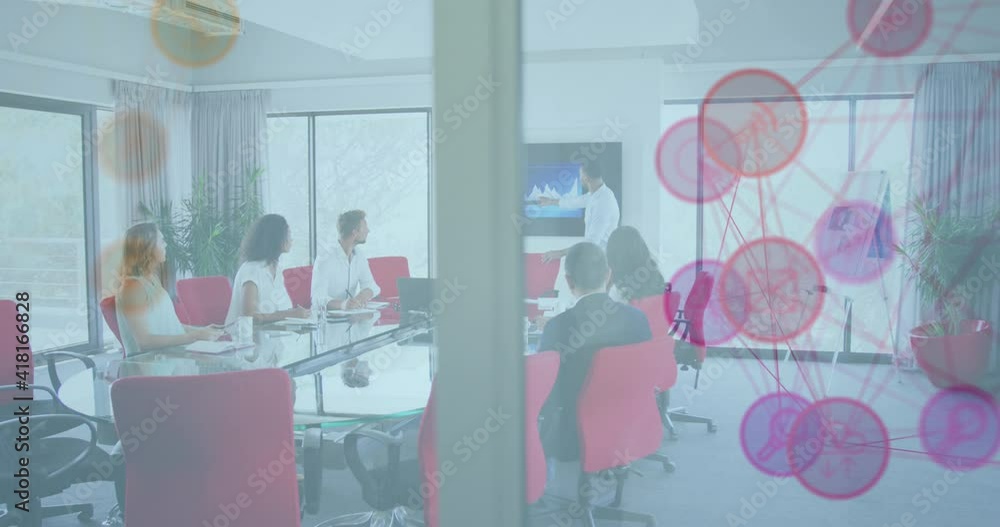 Poster Animation of network of connected icons with business colleagues at a presentation