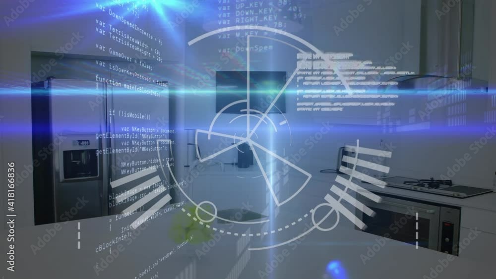 Poster animation of interface showing circular scope scanning and information with kitchen interior