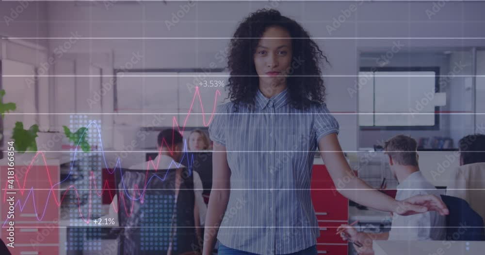 Poster animation of interface showing graphs and information with businesswoman and colleagues in office