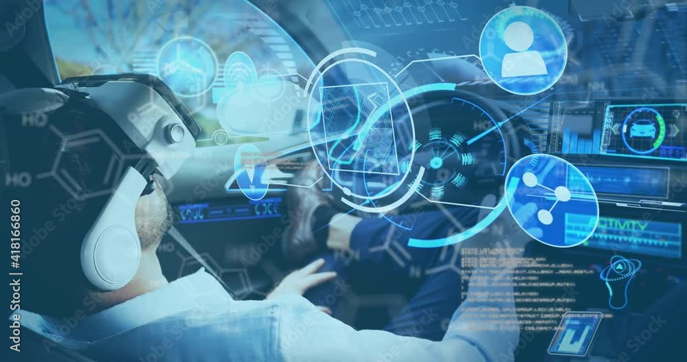 Poster animation of information displays with man in vr headset using self driving car