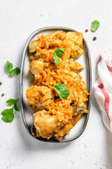 Chakhokhbili, chicken stew on a dish. Space for text, top view.