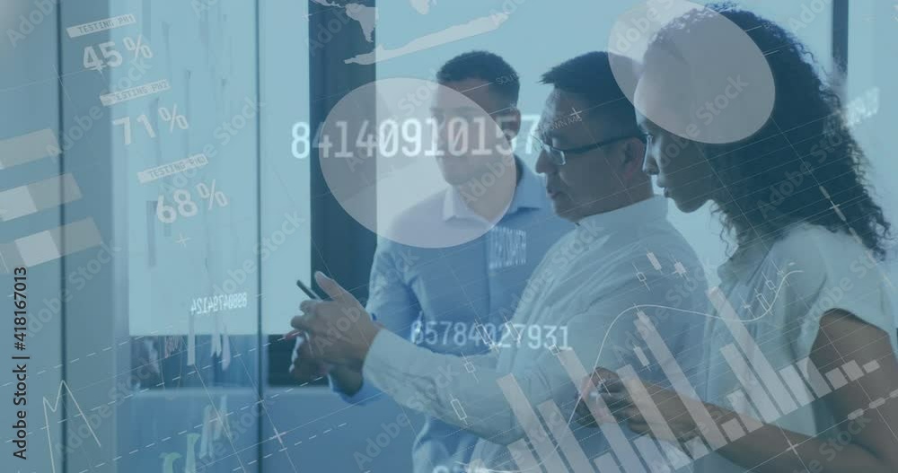 Poster animation of interface showing data and statistics with business colleagues working in office