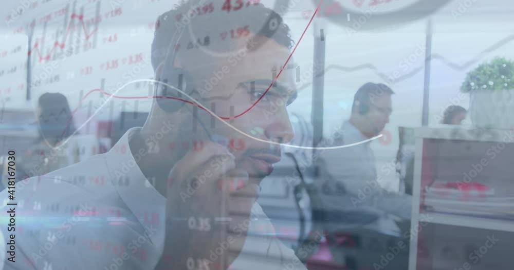 Poster animation of interface showing data and statistics with business colleagues working in call centre