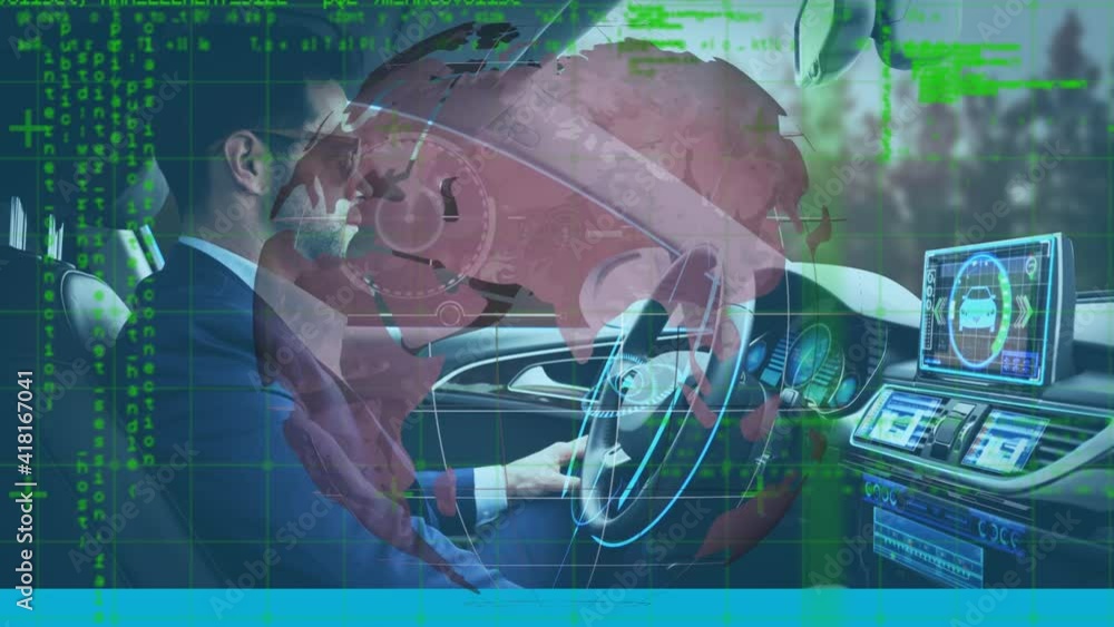 Aufkleber animation of globe and information displays with man using self driving car
