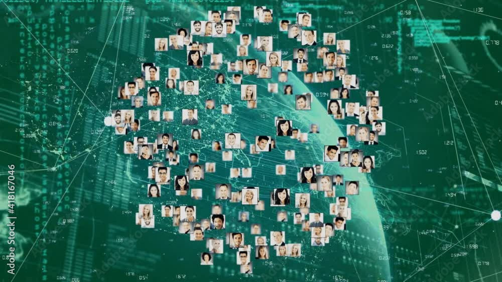 Poster animation of interface showing sphere network of connected people images and information on green