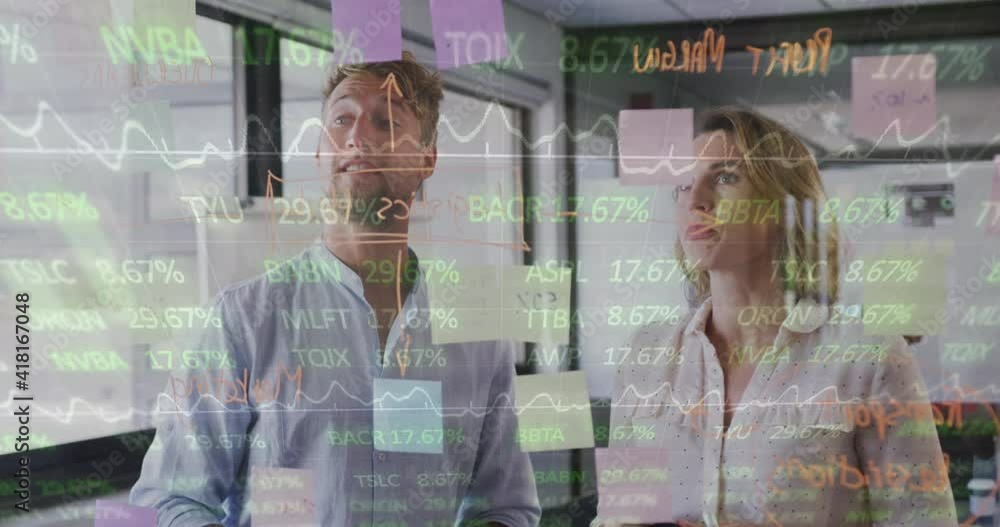 Poster animation of interface with graphs and data with man and woman brainstorming in office