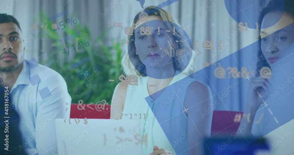 Poster animation of interface with graphs and data with businesswoman and colleagues in meeting