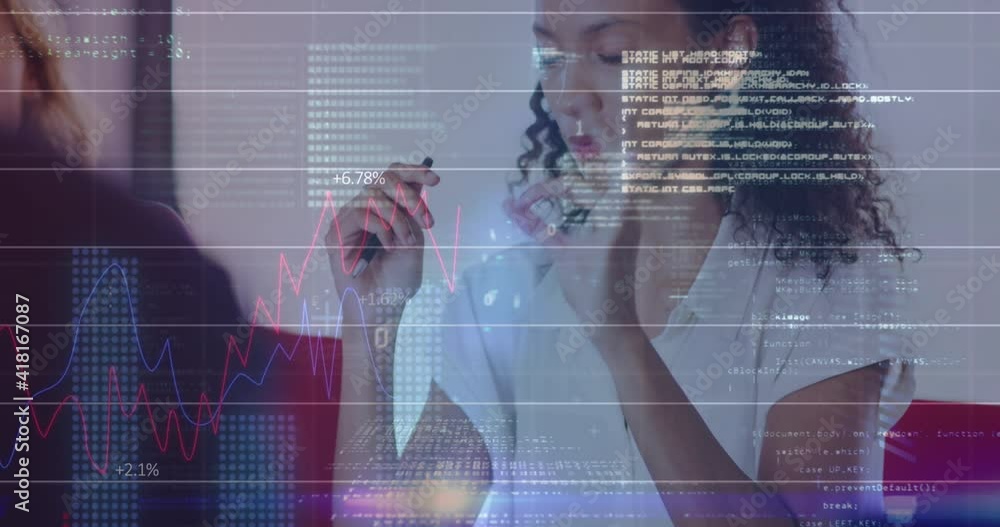 Poster animation of interface showing data and statistics with businesswoman talking in meeting