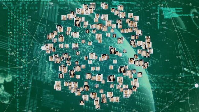 Animation of interface showing sphere network of connected people images and information on green