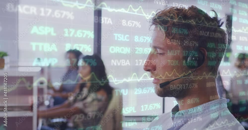 Poster animation of interface showing data and statistics with man talking on phone in office