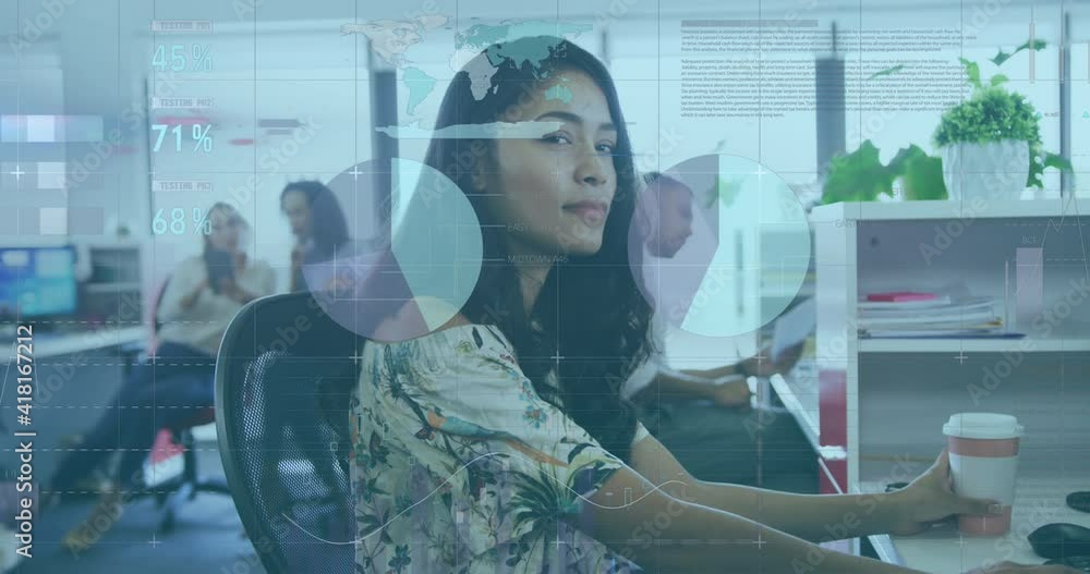 Poster animation of interface showing data and statistics with businesswoman and working in office