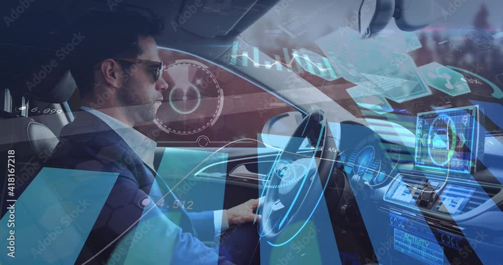 Poster animation of information displays with man using self driving car