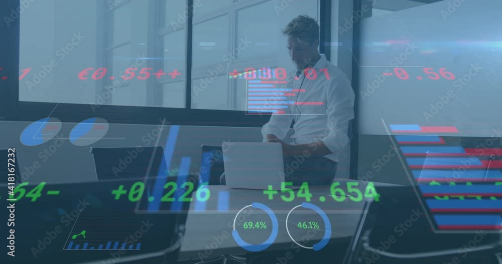 Poster animation of interface showing data and statistics with businessman working in office