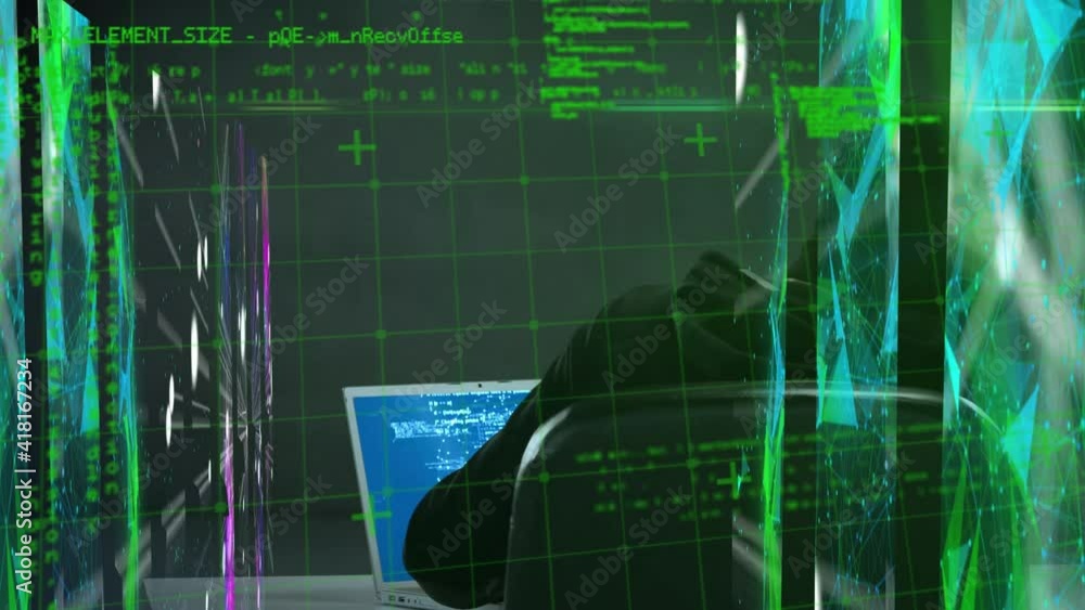 Poster animation of interface showing data and information with masked hacker using laptop in server room