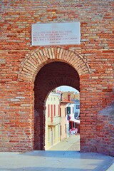 architectural details of the Trepponti complex, the most famous bridge in the village of Comacchio in Ferrara, Italy
