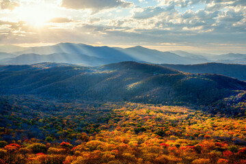 Colorful North Carolina Blue Ridge Mountains sunset in Autumn from Sugar Mountain	