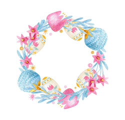 Easter wreath with  Easter eggs and flowers. 