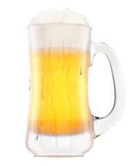 Frosty glass of fresh light beer with bubble froth isolated on white background.