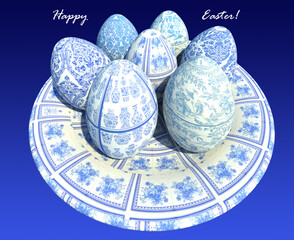 Easter eggs blue and white decorations 3D illustration greeting card 2. China style painted eggs served in a plate. Gradient background. Collection.