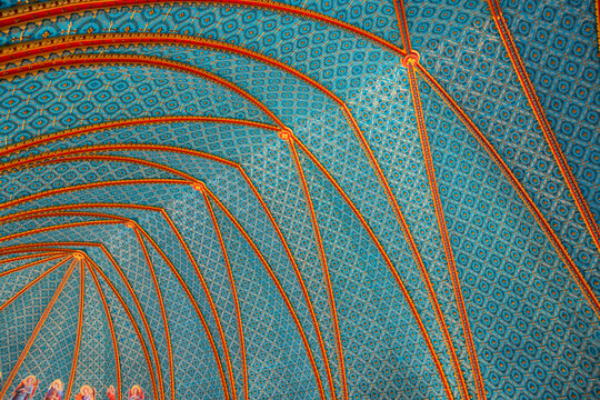 Polychrome gothic plaster lining in a Catholic church. With light blue background and golden designs and ornaments. City of Nova Friburgo, State of Rio de Janeiro, Brazil.