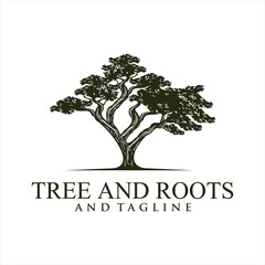 Obraz premium Root Of The Tree logo illustration. Vector silhouette of a tree,Oak Land Vector Logo. Vector silhouette of a tree. The tree is symbol of strength, longevity, fertility, hope and continuity. This logo 