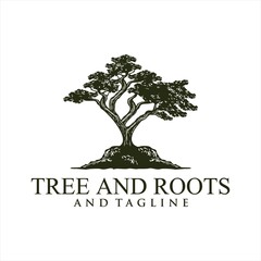 Obraz premium Root Of The Tree logo illustration. Vector silhouette of a tree,Oak Land Vector Logo. Vector silhouette of a tree. The tree is symbol of strength, longevity, fertility, hope and continuity. This logo 