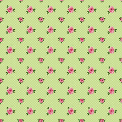 Bright roses on a green dotted background, seamless pattern