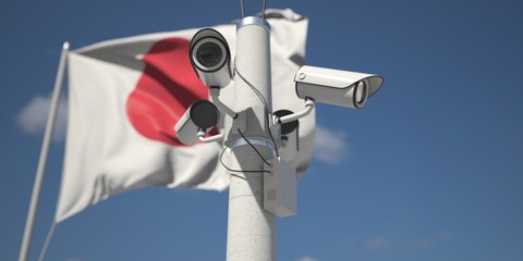 Naklejka na ściany i meble Flag of Japan and four security cameras on the pole, 3d rendering