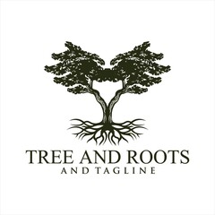 Root Of The Tree logo illustration. Vector silhouette of a tree,Oak Land Vector Logo. Vector silhouette of a tree. The tree is symbol of strength, longevity, fertility, hope and continuity. This logo 