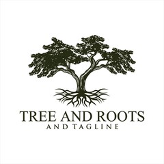 Fototapeta premium Root Of The Tree logo illustration. Vector silhouette of a tree,Oak Land Vector Logo. Vector silhouette of a tree. The tree is symbol of strength, longevity, fertility, hope and continuity. This logo 