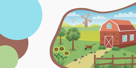 Obraz na płótnie Canvas Template with farm landscape. Vector illustration with a house, fence, garden and field. Template for web banner